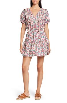 A charming short sleeve min dress with a drawstring keyhole and a tiered flounce embedded in a floral print. 33'' length (size S) Embroidery trim Puff sleeves Elastic waist Shell and lining: 100% Cotton Hand wash cold Imported Model stats: 5'10" height, 32" bust, 25" waist, 36" hip. Model is wearing size S Puff Sleeve, Elastic Waist, Elastic, Casual Dress, Rompers, Floral Prints, Nordstrom, Mini Dress, How To Wear