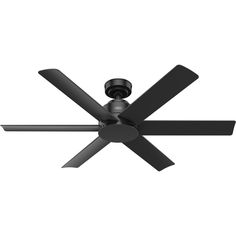 a black ceiling fan with four blades on the top and one light on the bottom