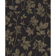 a black and gold floral wallpaper with leaves on the side, in front of a dark background