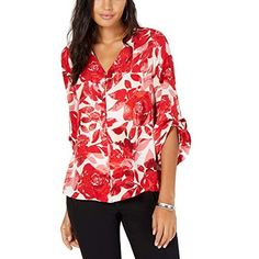 Opt For Vibrant Sophistication With Alfani's Button-Front Blouse Featuring A Bold Print And Flowing Roll-Tab Sleeves. Approx. Model Height Is 5'10" And She Is Wearing A Size Small Hits At Hip V-Neck; Button Closures At Front Roll-Tab 3/4-Sleeves Polyester Machine Washable Imported Web Id: 7353147 Red V-neck Shirt For Spring, Red V-neck Blouse With Button Closure, Elegant V-neck Floral Print Shirt, Red Blouse With Button Closure For Spring, 4 Balloon, Macys Women, Gathered Sleeves, Button Front Top, Plus Size Activewear