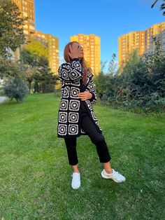 Black White Crochet Granny Square Hooded Cardigan  This Patchwork afghan bohemian coat is a very stylish and great product for daily use. Also a great gift for your family and friends.🎁 📏Size of the cardigan in the photo: US size : 2-7(S-M) 📏The length of the cardigan in the photo is 88 (34.6inch). 📏Models height is 5'3″ (160 cm). Made of highest quality cotton, and anti allergic yarn. Wash Instructions: Machine washable at low temperatures. (30 C / 86 F)🫧. It takes around 7-14 days to prep Black Bohemian Sweater Coat For Fall, Black Bohemian Sweater Coat For Winter, Bohemian Hooded Sweater Coat For Fall, Bohemian Hooded Sweater Coat For Winter, Winter Bohemian Hooded Sweater Coat, Black Long Sleeve Bohemian Sweater Coat, Black Bohemian Long Sleeve Sweater Coat, Bohemian Hooded Cardigan For Fall, Black Long Bohemian Outerwear