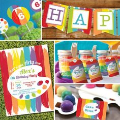 an assortment of birthday party items and decorations