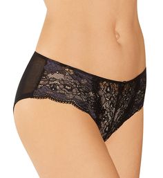 Lace gives this panty a gorgeous, dainty look to balance the silky, sheer back. Waist has a small bow at front and narrow sewn-on elastic around inner edge. Sheer stretch lace front. Sheer mesh rear has a center back seam for natural definition. Leg openings have a scalloped edge at front and a turned, stitched hem at back. Mid-rise. Moderate, cheeky rear coverage. Sewn-in cotton crotch liner for naturally soft comfort. Please Note: Model is wearing a thong (not included) for modesty. Panache Wo Fitted Black Bottoms With Delicate Lace, Black Fitted Bottoms With Delicate Lace, Black Lace Bottoms With Delicate Lace Detail, Black Lace Bottoms With Delicate Details, Black Delicate Lace Bottoms, Elegant Black Sheer Bottoms, Elegant Black Bottoms With Lace Trim, Elegant Black Bottoms With Delicate Lace, Elegant Stretch Lace Bottoms