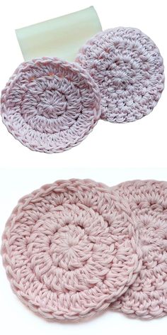 two crocheted coasters are shown next to each other