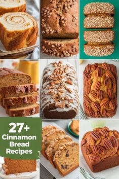 many different types of breads and pastries are shown with the words, 27 cinnamon bread