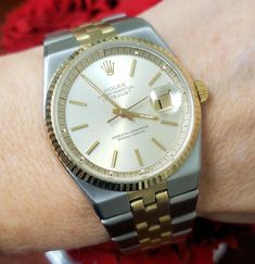 Get $300 off - email carolyn@sumptersjewelry.com Introducing the extraordinary Rare Bird - a vintage 36mm Rolex Oyster Perpetual Datejust model 1630. This Automatic Two Tone Watch is a true gem in the world of horology, distinguished by its unique blend of elegance and functionality. Resembling the iconic Oysterquartz, it exudes a timeless appeal while boasting the convenience of automatic movement.With a generous length of 7 3/4", this Rolex promises a comfortable and secure fit for wearers of various wrist sizes, thanks to its vintage charm and some stretch to the band. This flexibility ensures both style and comfort, adapting effortlessly to your lifestyle and preferences. To safeguard your investment, it comes with our exclusive 2-year warranty, providing you with peace of mind and ass Oyster Perpetual Datejust, Green Watch, Rolex Oyster Perpetual, Rolex Oyster, Rare Birds, Two Tone Watch, Oyster Perpetual, Watch Brands, Vintage Charms