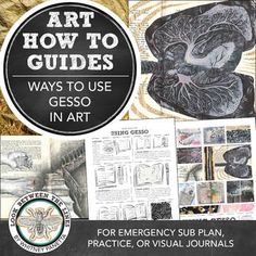 the book cover for art how to guides ways to use gesso in art, with pictures and text