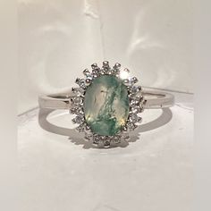 This Unique Natural Moss Agate Halo White Gold Plated Solid Sterling Silver Ring, Stamped S925 Is Stunning & One Of A Kind. Handmade Fine Jewelry Sz 7 Moss Agate Jewelry, Dot Dot, Moss Agate Ring, Handmade Fine Jewelry, Agate Ring, Moss Agate, Womens Jewelry Rings, Sterling Silver Ring, Silver Ring