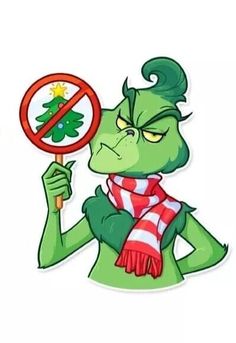 a cartoon character holding a no christmas tree sign