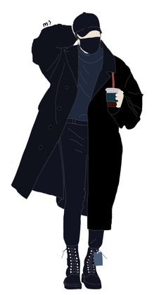 a man in a black coat and hat holding a cup with his hand on his shoulder