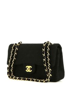 Shopping Chanel, Shoulder Bag Black, Black Canvas, Canvas Leather, Leather Trim, Leather Trims, Chain Link, Calf Leather, Fashion Branding