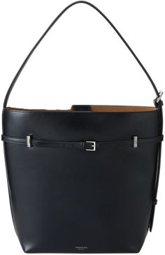 Black Calf Leather Bucket Bag With Adjustable Strap, Leather Bags With Silver-tone Hardware For Work, Versatile Tote Shoulder Bag With Silver-tone Hardware, Calf Leather Satchel Bucket Bag For Work, Calf Leather Tote Shoulder Bag For Work, Designer Black Bucket Bag For Work, Calf Leather Bucket Bag With Double Handle For Work, Calf Leather Bucket Shoulder Bag With Adjustable Strap, Modern Shoulder Tote Bag With Silver-tone Hardware