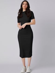 Black Casual  Short Sleeve Polyester Plain Bodycon  Slight Stretch Spring/Summer Women Dresses Vietnam Outfits, Long Bodycon Dress Outfit, Black Bodycon Dress Outfit, Pencil Dress Outfit, Dress Design Ideas, Black Dress Outfit Casual, Black Skirt Outfits, Midi Dress Outfit, Informal Dress