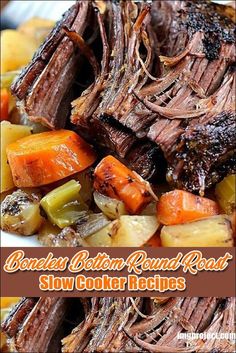 a close up of food on a plate with the words bone broth round road slow cooker recipes