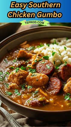 a bowl of chicken gumbo with rice and garnished with parsley on the side