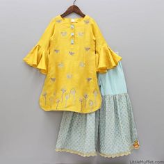 Pre Order: Yellow Kurta With Blue Sharara Blue Garara, Blue Sharara, Dark Green Blouse, Kids Indian Wear, Kids Lehenga Choli, Mom Daughter Outfits, Yellow Kurta, Golden Embroidery