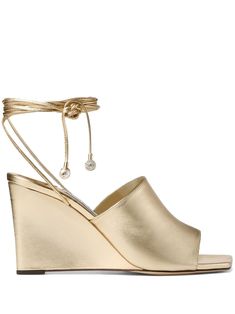 gold-tone leather metallic effect square toe open toe tie-fastening ankle strap branded footbed high wedge heel Jimmy Choo Gold, Evening Heels, Satin Pumps, Leather Wedge Sandals, Footwear Design Women, Jimmy Choo Shoes, Sandals For Sale, Color Dorado, Leather Wedges