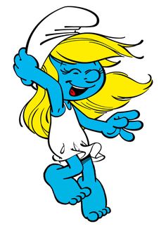 the smurf is flying through the air with his arms out and eyes closed