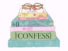 there is a stack of books with glasses on top of each book and the words, it ends with confess may love