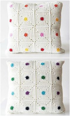 two pillows that have been crocheted with different colors and designs on them, one is