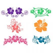 four different colored flowers with swirls and leaves in the center on a white background