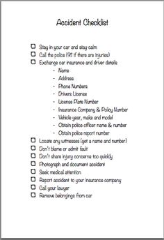 a checklist with the words accident checklist written in black and white on it