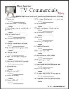 tv commercials trivia worksheet with answers and answer sheet for the television program