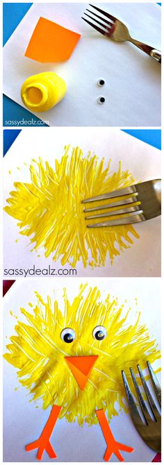 the process to make an adorable yellow bird made out of construction paper and plastic forks