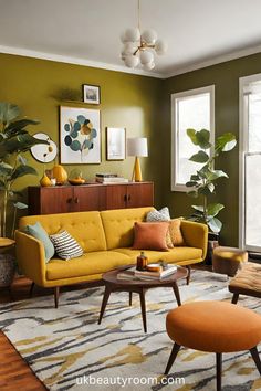 a living room with green walls and yellow furniture