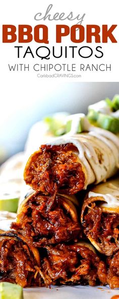 bbq pork taquitos with chipotle ranch on a white platter