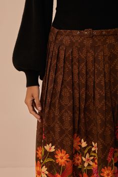 Brown Charming Garden Midi Skirt – FARM Rio Fall Brown Pleated Skirt With Pleated Hem, Brown Pleated Skirt With Pleated Hem For Fall, Brown Flowy Pleated Skirt For Spring, Spring Brown Flowy Pleated Skirt, Brown Flowy Flared Pleated Skirt, Bohemian Brown Pleated Maxi Skirt, Flowy Brown Skirt With Floral Print, Flowy Brown Floral Print Skirt, Brown Flowy Floral Print Skirt