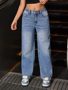 Details:Button \nDetails:Pocket \nFit Type:Regular Fit \nDetails:Zipper \nClosure Type:Zipper Fly \nColor:Medium Wash \nPattern Type:Plain \nType:Wide Leg \nWaist Line:Natural \nLength:Long \nFabric:Non-Stretch \nMaterial:Denim \nComposition:47% Polyester \nComposition:46% Cotton \nComposition:7% Viscose \nCare Instructions:Machine wash or professional dry clean \nBody:Unlined \nSheer:No \n Girls Y2k, Washed Denim, School Spirit, Teen Girls, Girls Jeans, Fashion Item, Denim Jeans, Straight Leg, Wide Leg