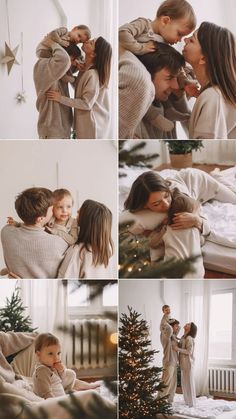 a mother and her two children are playing around the christmas tree