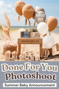 editable pregnancy announcement template beachside theme with balloons Summer Baby Announcement, Pregnancy Announcement Beach, Summer Pregnancy