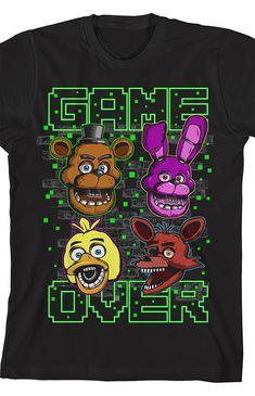 three cartoon characters on a black t - shirt with green and purple squares in the background