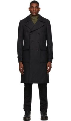 Belstaff: Navy Wool New Milford Coat | SSENSE Black Wool Outerwear With Notch Lapel, Belstaff Leather Jacket, Fitted Men's Allsaints Outerwear, Belstaff Milford Coat, Allsaints Fitted Men's Outerwear, Double Breasted Suit Jacket, Long Coat, Mens Coats, Double Breasted