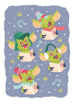 an illustration of green monsters with hats and scarves on their heads, singing christmas carols