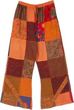 Fun hippie style street-wear cotton patchwork pants with pockets on either side. The color tone of these pants is mainly orange, but also has some brown, red and blue on some patches. These cotton pants are worn as a loose fit and therefore are airy and comfortable; some patches are slightly sheer. The waist has elastic and drawstring for the confident fit. The patches include floral, ethnic, plain and striped prints. Since the product is entirely handmade, there can be slight variation in the g Lorde Concert, Bridesmaids Outfits, Random Clothing, Moon Cosplay, Patchwork Pants, Estilo Hippy, Boho Jumpsuit, Orange Pants, Boho Clothes