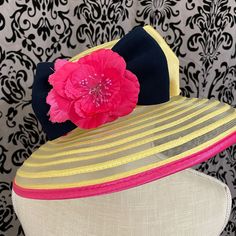 Ladies Derby Hat By Milano Stylish Yellow, Pink, With Blue In Bow 4” Brim 8” Inside Opening New Sf/Pf Home Multicolor Flat Brim Sun Hat For Kentucky Derby, Yellow Fitted Beach Hat, Spring Multicolor Mini Hat With Curved Brim, Fitted Yellow Beach Hat, Yellow Fedora Sun Hat For Kentucky Derby, Kentucky Derby Yellow Fedora Sun Hat, Yellow Sun Hat For Kentucky Derby Vacation, Kentucky Derby Yellow Sun Hat For Vacation, Multicolor Spring Visor Hat