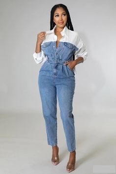 White Collared denim button down jumpsuit with elastic waist band. Aside from the waist, there is no stretch on this jumpsuit. Model is wearing a size small Denim Blue Cotton Button-up Jumpsuits And Rompers, Trendy Light Wash Button-up Jumpsuits And Rompers, Denim Button-up Jumpsuit For Day Out, Button-up Denim Jumpsuit For Day Out, Light Wash Button-up Jumpsuits And Rompers, Light Wash Denim Button-up Jumpsuits And Rompers, Dark Wash Cotton Button-up Jumpsuits And Rompers, Relaxed Fit Denim Jumpsuit With Button-up, Relaxed Fit Denim Jumpsuits And Rompers With Button-up