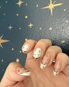 White & gold, moon and stars witchy nails (Queer / Lesbian / Gay Manicure) Lesbian Nails Aesthetic, Queer Manicure, Lesbian Manicure Nails, Lesbian Nails Acrylic Two Short, Star And Moon Nails, Lesbian Nails, Gay Nails, Vampire Nails, Witch Nails