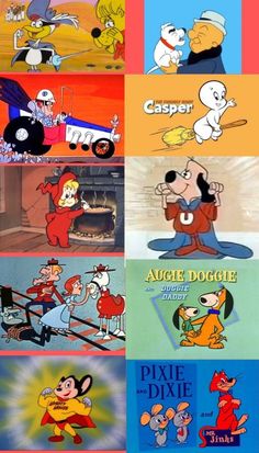 cartoon characters with different colors and sizes in the same image, each character has their own name