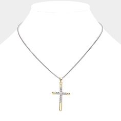 Necklace Size : 16.25" + 2.25" Pendant Size : 1" X 1.8" Cross Pendant Necklace, Necklace Sizes, Cross Pendant, Two Tone, Gold Plate, Plating, Texture, Pendant Necklace, Pendant