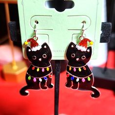 Cute Kitty Christmas Earrings, Pierced, Perfect For Every Cat Lover At Christmas! Cute Cat Design Earrings For Party, Cute Black Jewelry For Party, Party Jewelry With Cat Design And Cat Ears, Party Jewelry With Cat Design, Cute Christmas Party Jewelry, Cute Black Party Earrings, Whimsical Black Earrings For Party, Whimsical Black Party Earrings, Icon Jewelry