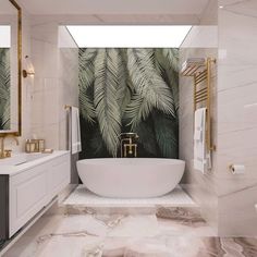 a white bath tub sitting under a bathroom mirror