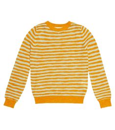 The Pablo sweater from Morley is perfect for casual occasions. Made from a linen-backed cotton-blend, it's embellished with colorful stripes and has finely ribbed-knit trims. Spring Knit Sweater With Striped Hem, Winter Cotton Tops With Striped Hem, Casual Spring Sweater With Striped Hem, Winter Cotton Sweater With Horizontal Stripes, Winter Horizontal Stripe Cotton Sweater, Cotton Sweater With Horizontal Stripes For Winter, Striped Crew Neck Sweater For Spring, Winter Knit Tops With Striped Hem, Winter Knit Top With Striped Hem