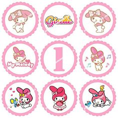 hello kitty birthday cupcake toppers with the number one on them and various cartoon characters