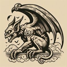 a black and white drawing of a dragon