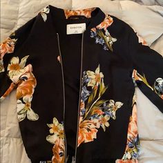 Floral Jacket. Never Worn! Trendy Floral Print Outerwear For Work, Chic Black Floral Print Outerwear, Chic Floral Print Outerwear For Brunch, Black Long Sleeve Outerwear With Floral Print, Black Floral Print Casual Outerwear, Black Casual Outerwear With Floral Print, Black Floral Print Long Sleeve Outerwear, Casual Black Floral Print Outerwear, Fitted Long-sleeved Outerwear For Brunch