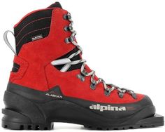 a red and black hiking boot with the word alpine written in white on the side